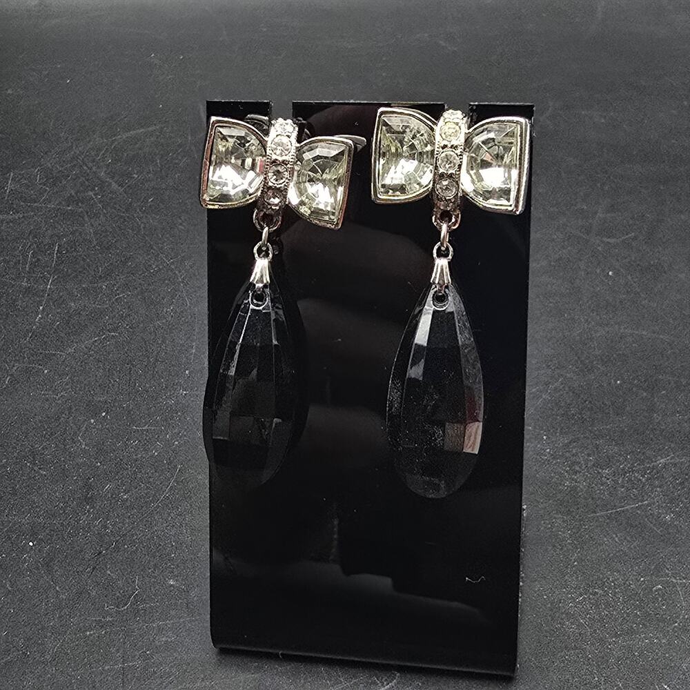 Avon Rhinestone Bow Earrings with Black Beads Pierced